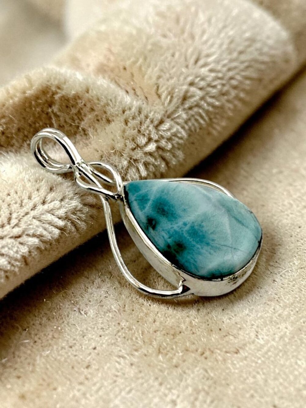 Larimar Pendant 925 Sterling Silver Teardrop Ocean Blue Gemstone Openwork